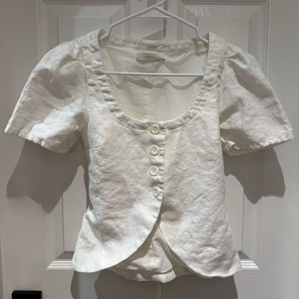 Faithfull the Brand White Linen Scoop-Neck Button Front Blouse